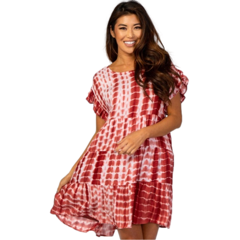 The Impeccable Pig Rust Tie Die Pleated Ruffle Tier Dress